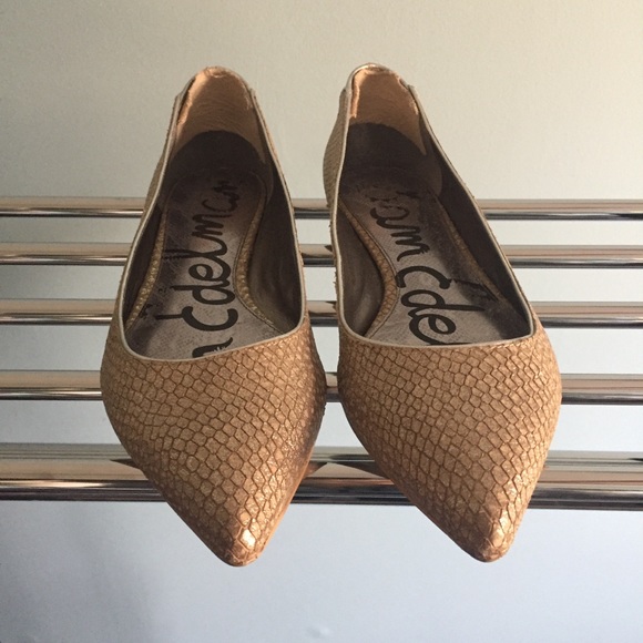 Sam Edelman Shoes - Sam Eldeman Snakeskin Gold Pointed Ballet Flats
